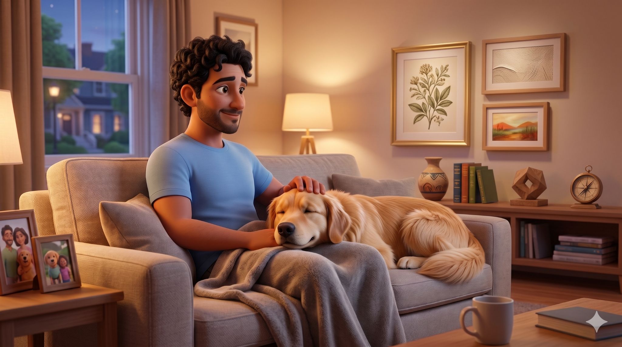 Tutor e cão tranquilos em casa