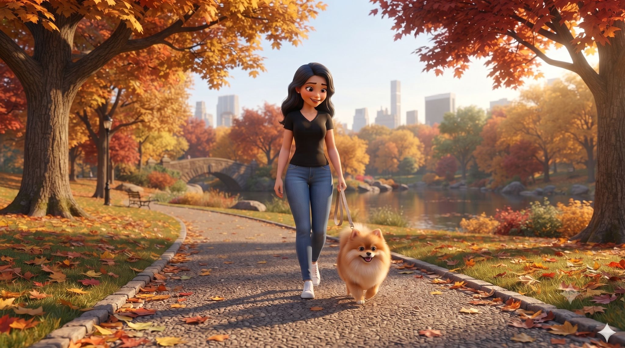 Tutora passeando com cão calmo e feliz
